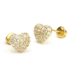 14k Gold Domed Heart Pave Girls Earrings